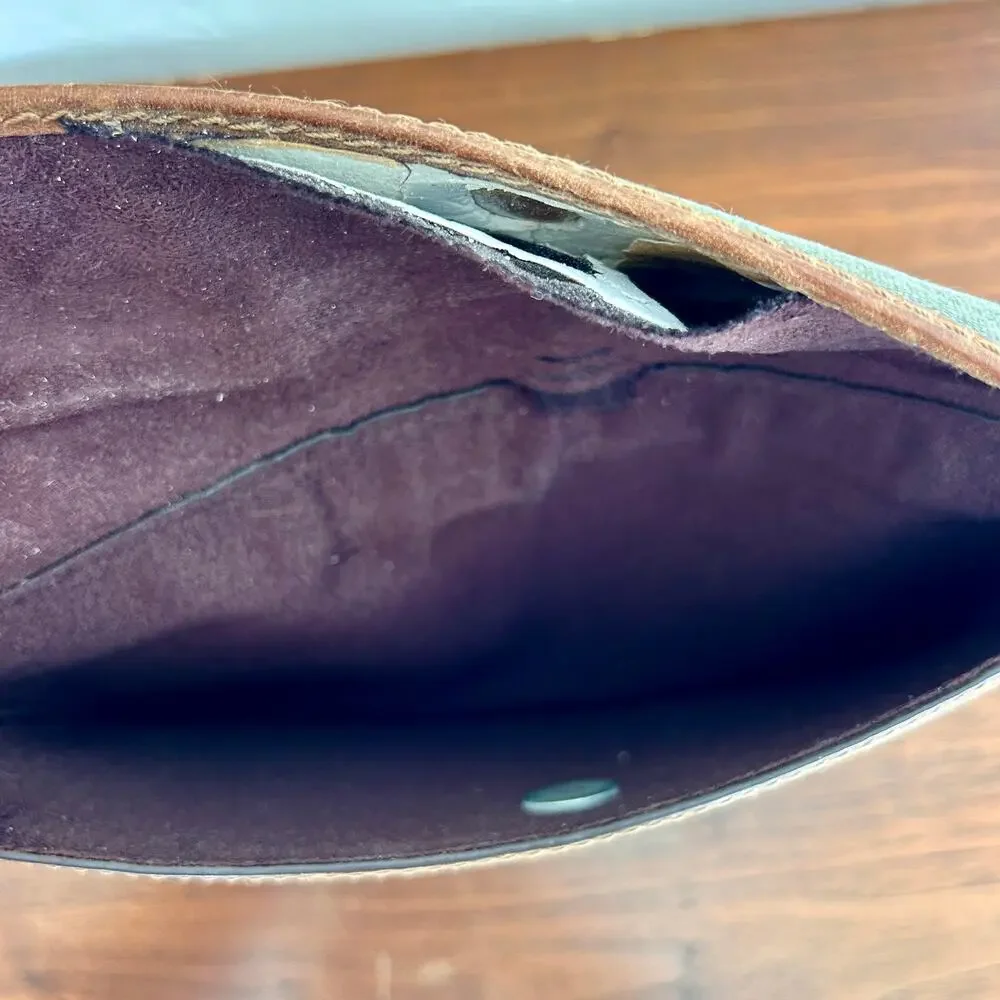 Vintage Fossil Canvas Green Leather Trim Pouch Sleeve Case 10” x 9” Zip Pocket